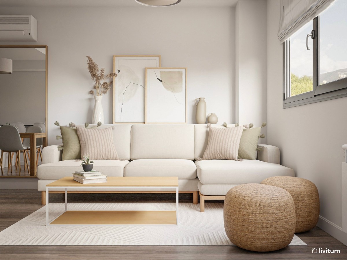 sal&oacute;n en tonos blancos, sof&aacute; en L y mesa de centro de madera