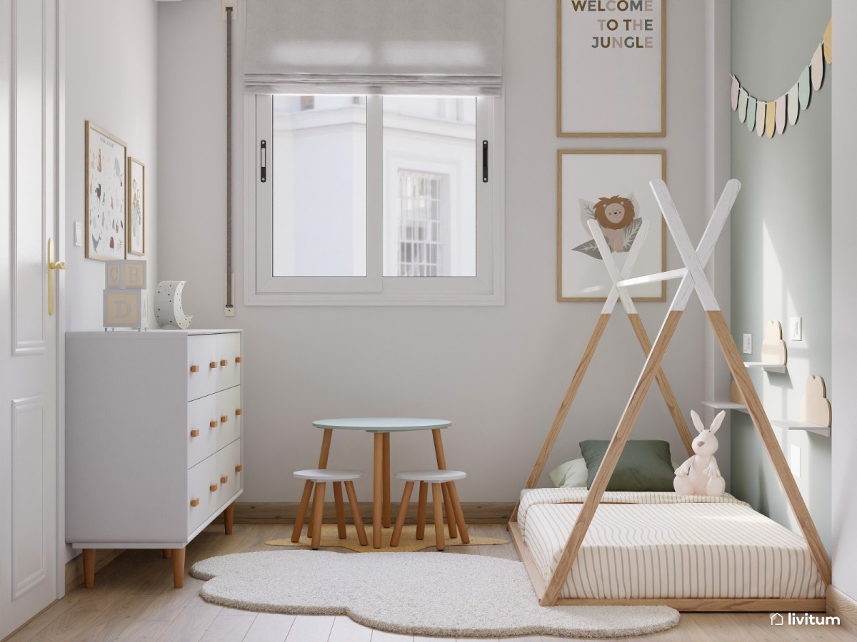 dormitorio infantil en tonos pastel, cama en forma de tipi y mesita peque&ntilde;a