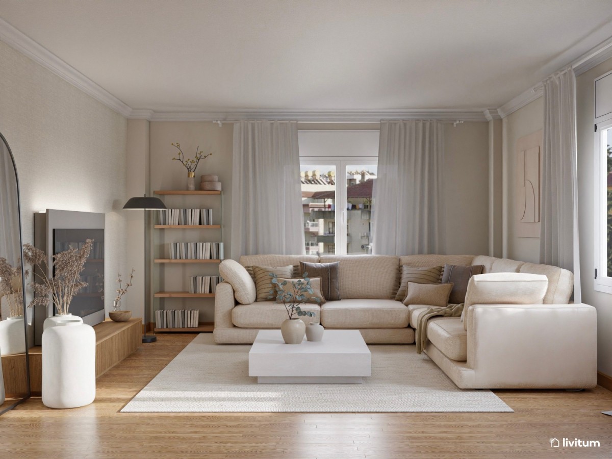sal&oacute;n grande con sof&aacute; en L y mesa de centro