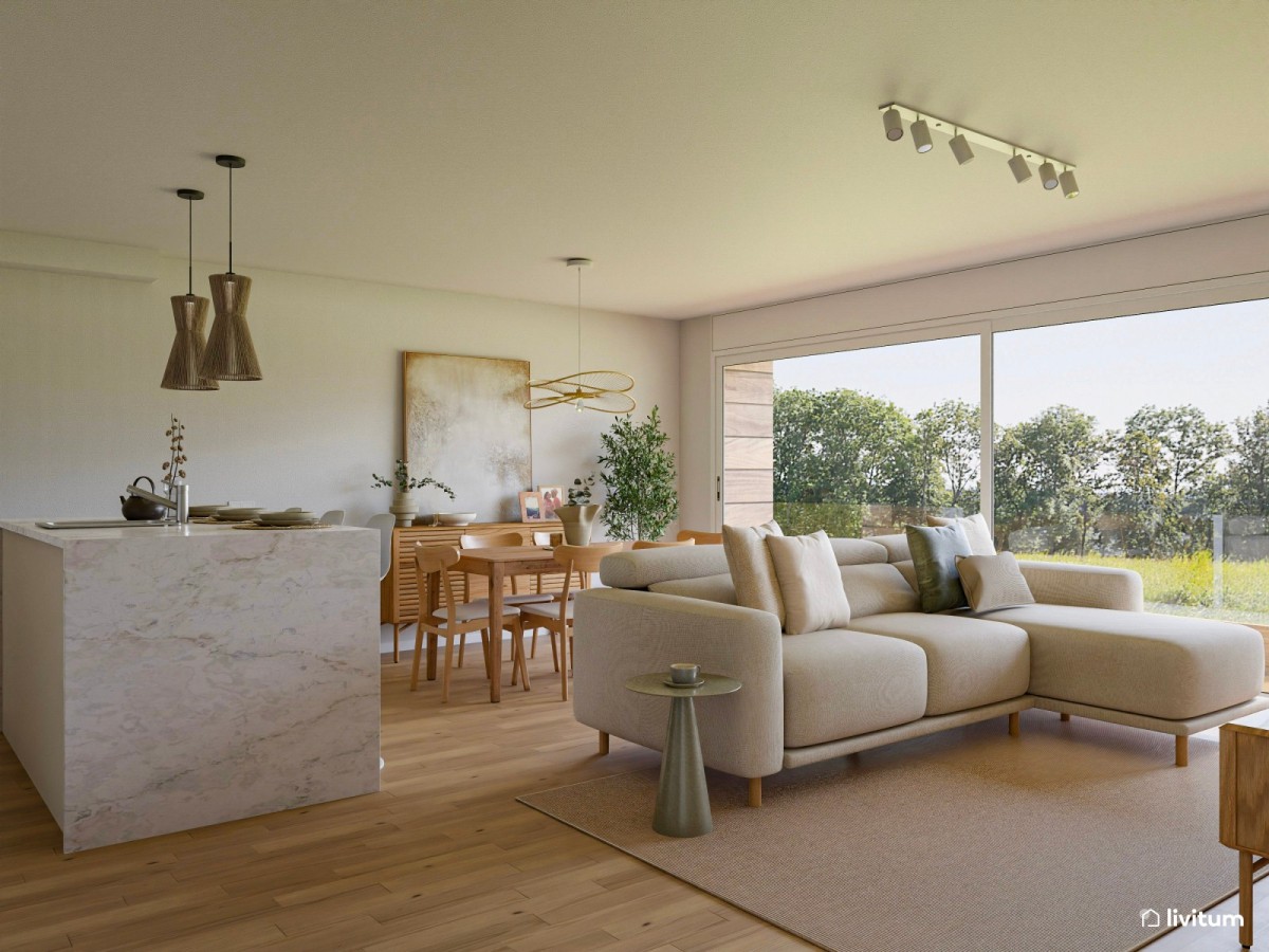 sal&oacute;n comedor con cocina integrada, sof&aacute; en L y mesa de comedor de madera