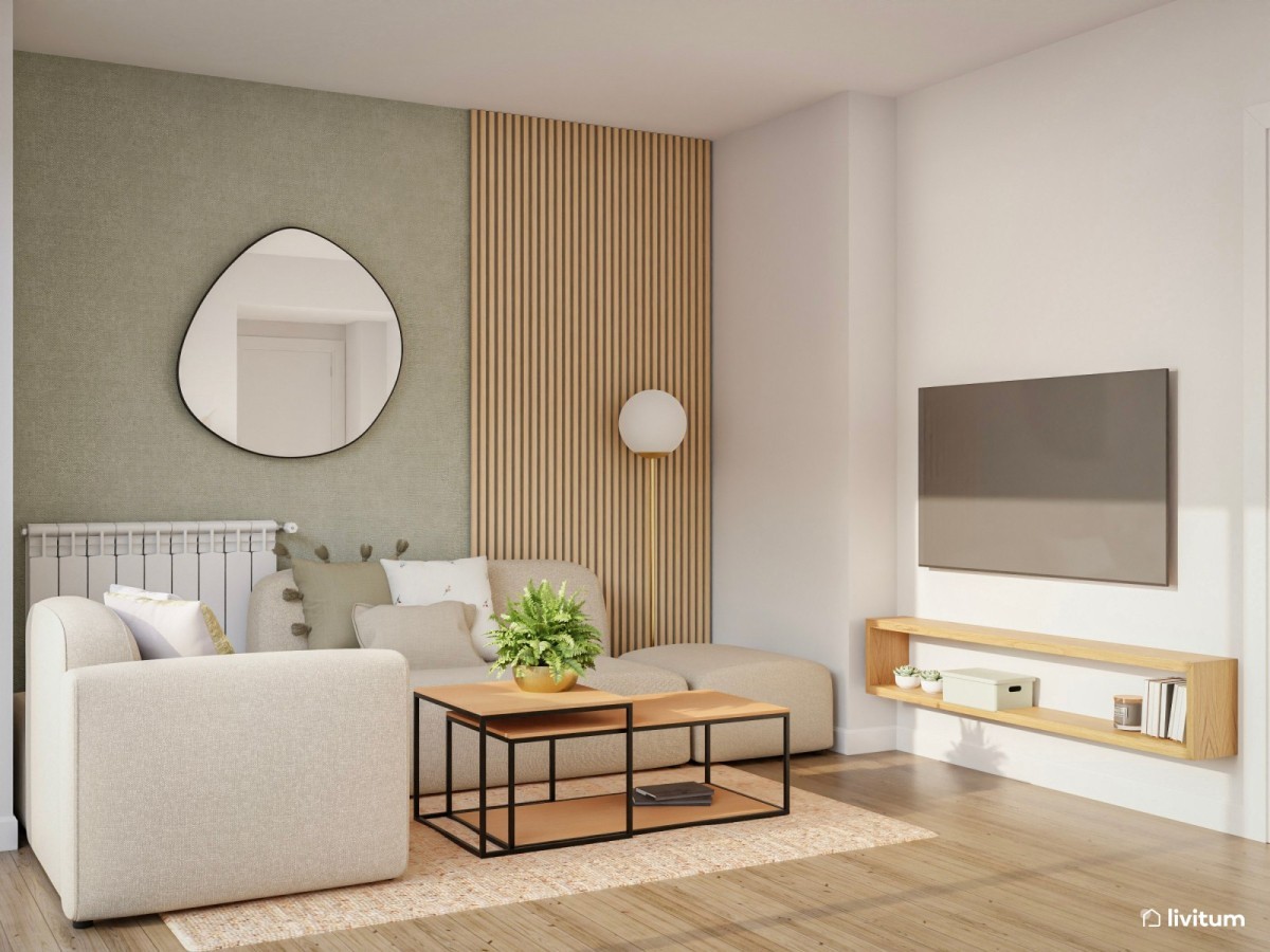 Sal&oacute;n con punto focal verde, sof&aacute; y sill&oacute;n y mesa de centro