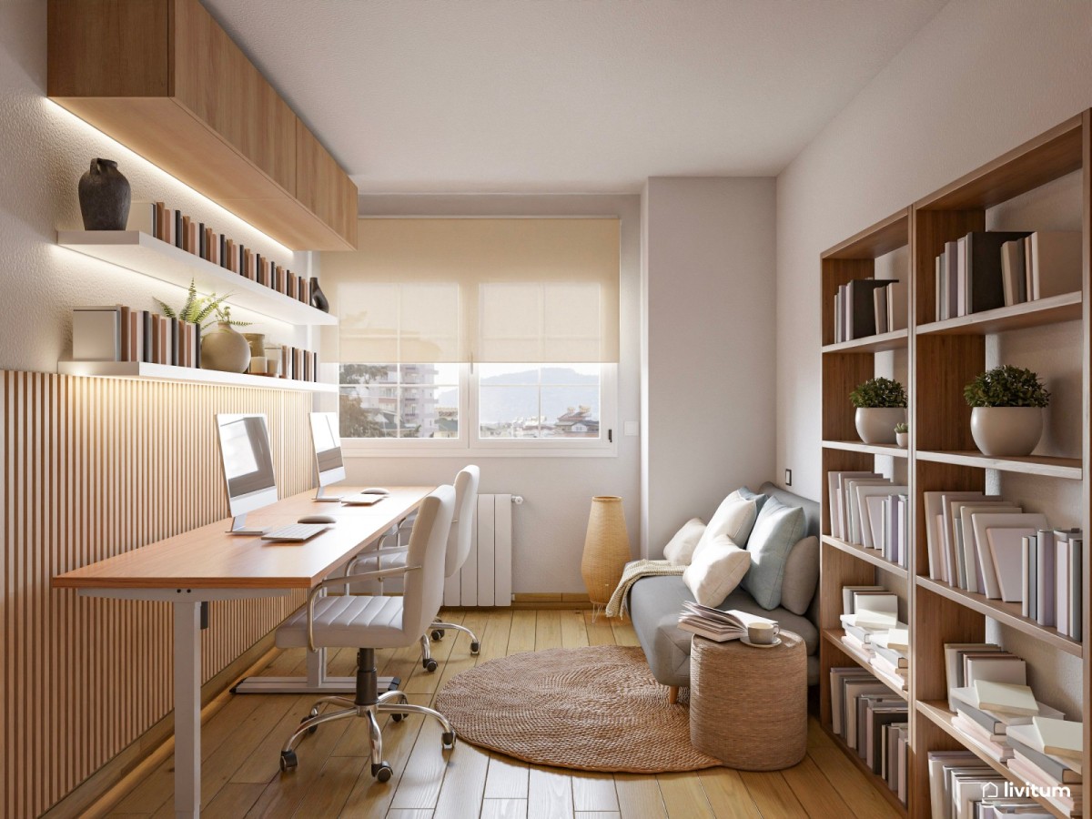 estudio doble en tonos madera, estanter&iacute;as y sof&aacute;