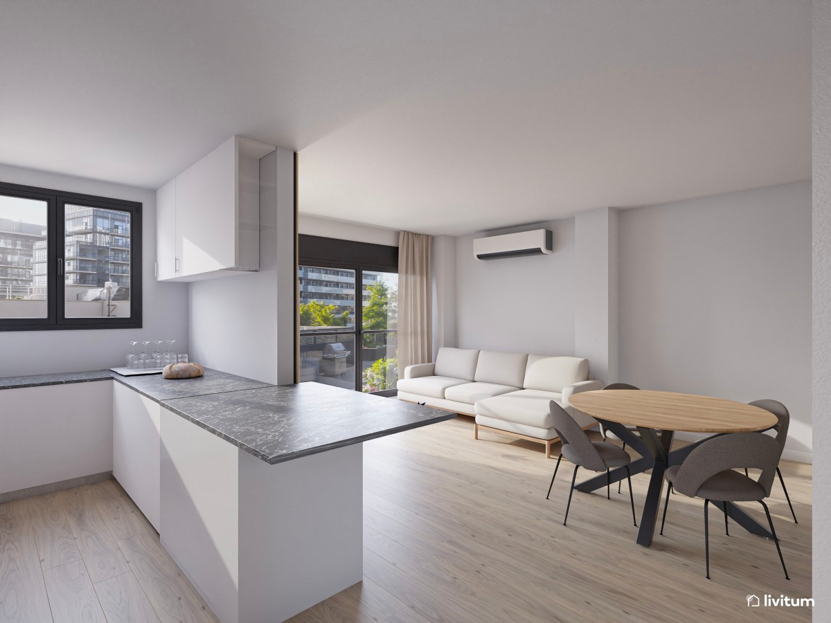 salón comedor con cocina integrada vacía