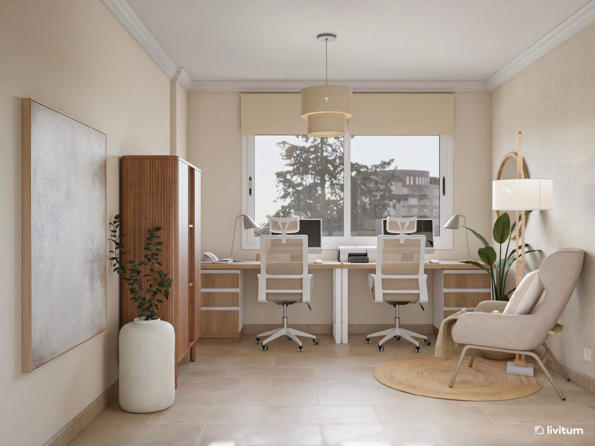 estudio doble en tonos claros, sill&oacute;n y l&aacute;mpara vertical
