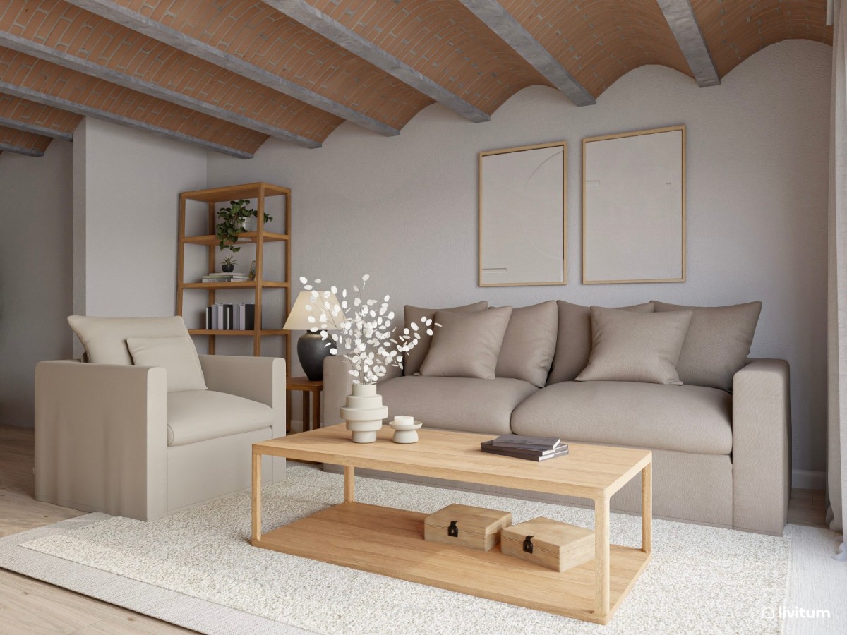sal&oacute;n con techo antiguo, sof&aacute;, butaca y mesa de centro de madera