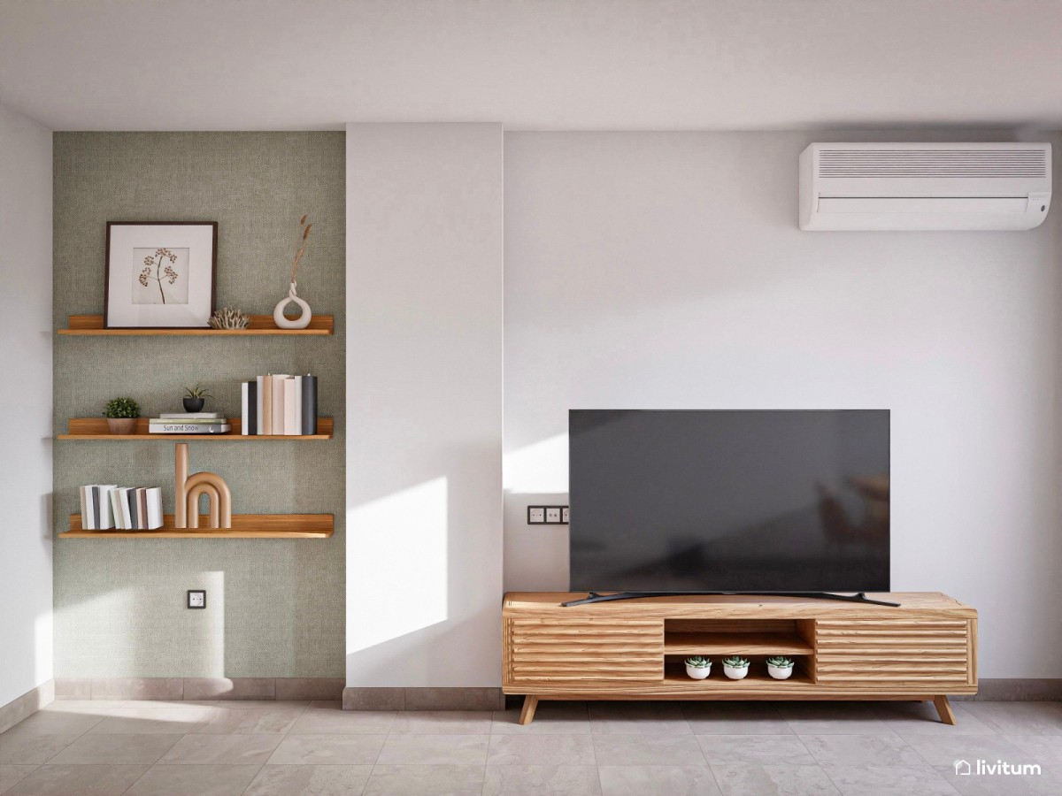 sal&oacute;n en tonos claros y verdes con mueble de tv de madera