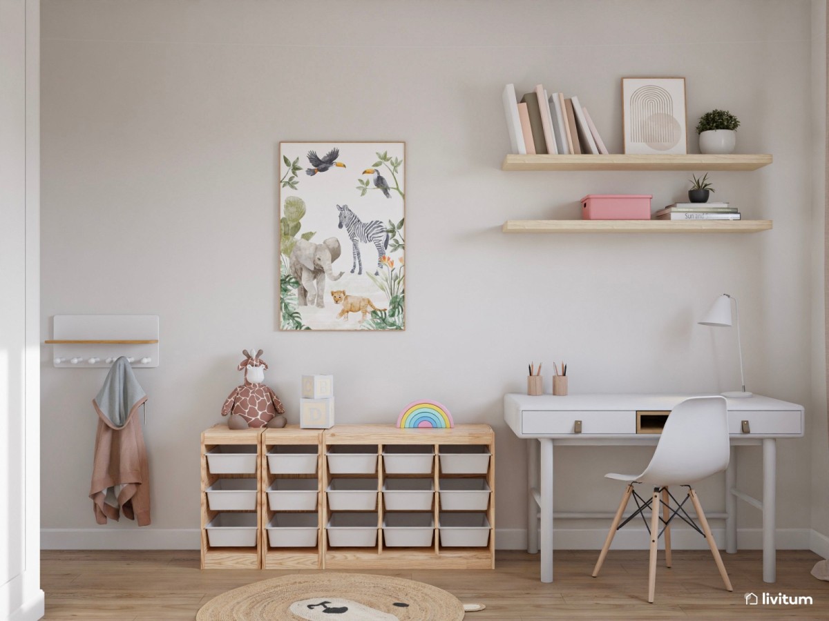zona de estudio con escritorio y baldas de almacenamiento