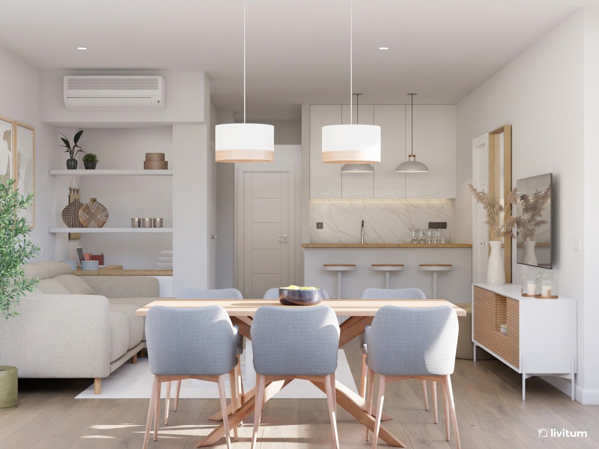 sal&oacute;n comedor con cocina integrada en tonos claros  y detalles en madera
