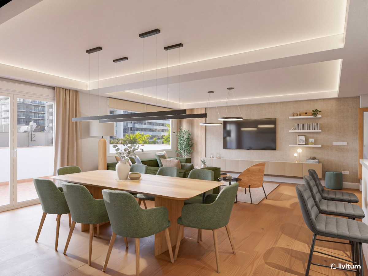 sal&oacute;n comedor en tonos neutros y detalles en verde