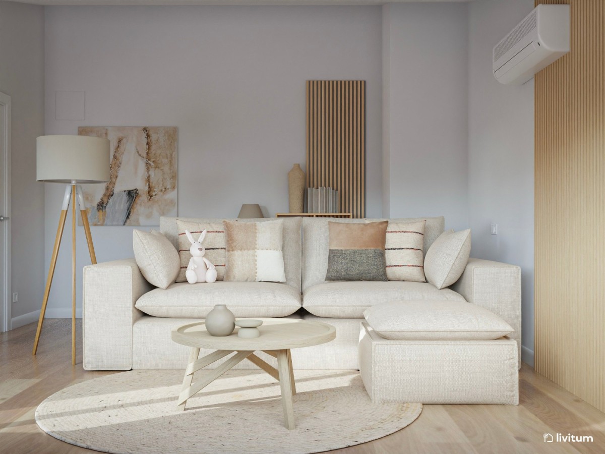 sal&oacute;n con sof&aacute; blanco y m&oacute;dulo suelto
