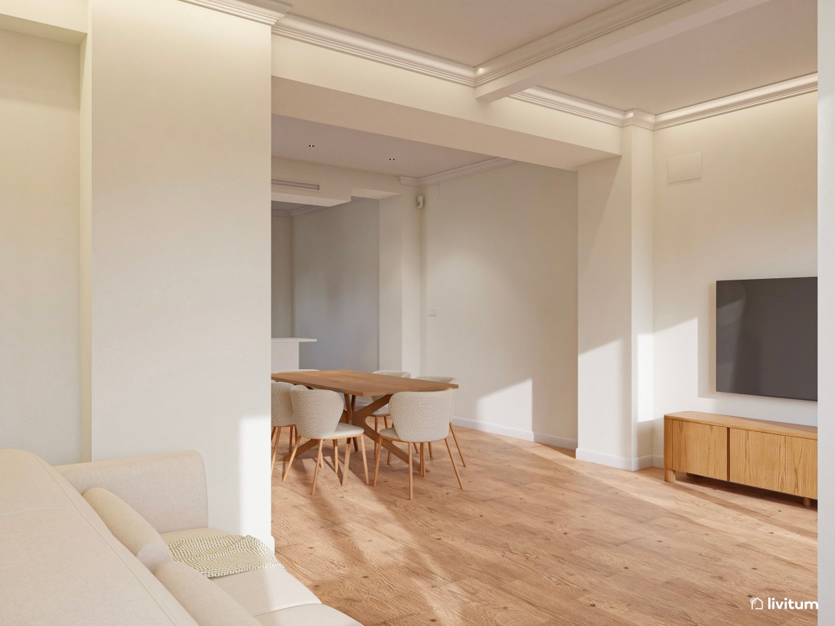 salón comedor vacío en tonos madera