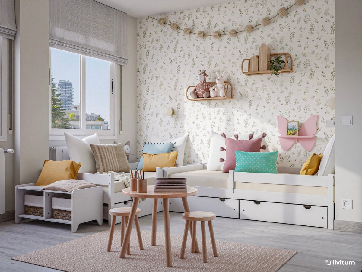 dormitorio infantil con papel pintado, dos camas en forma de L y mesita circular