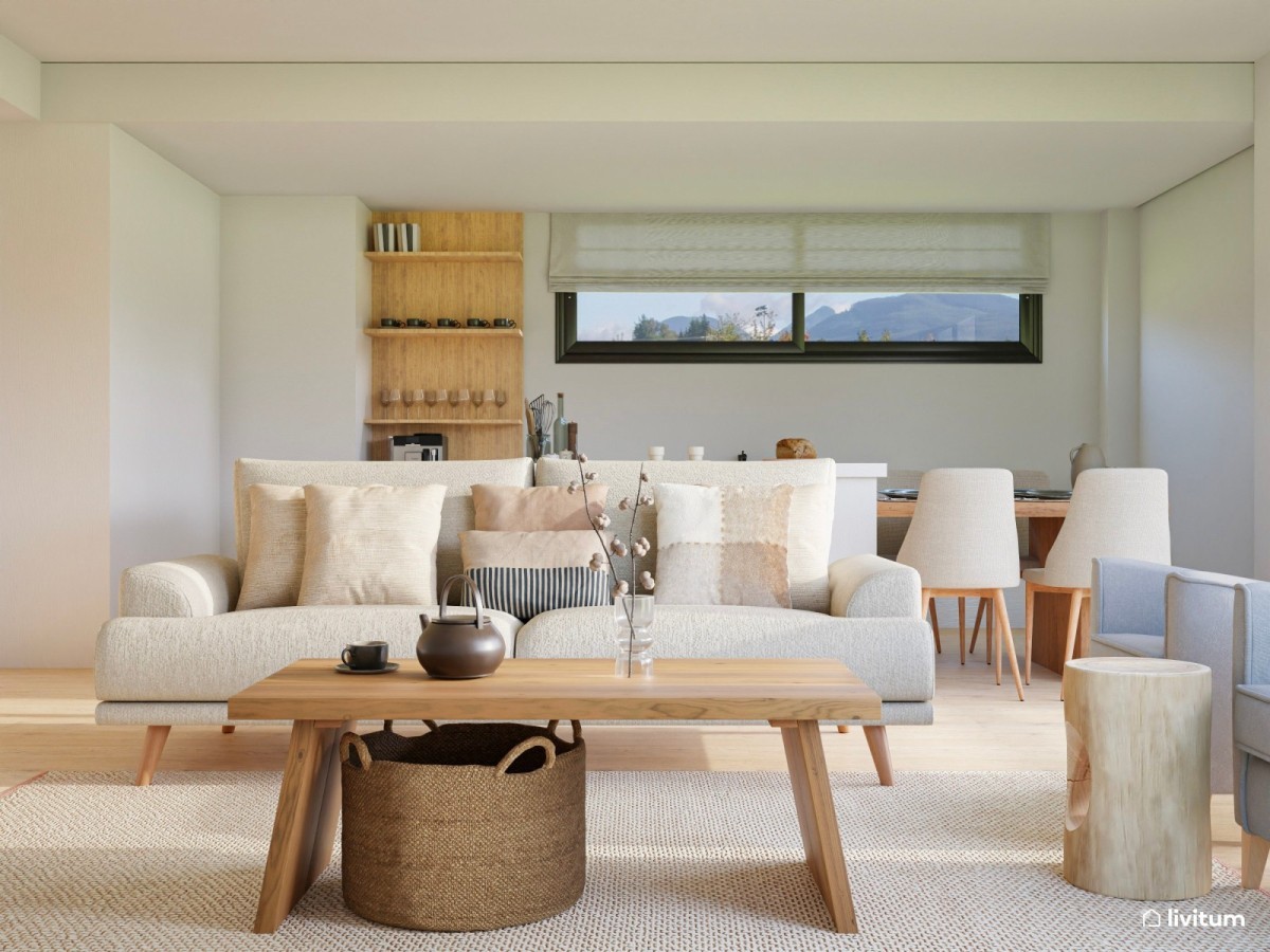 sal&oacute;n comedor en tonos claros y madera
