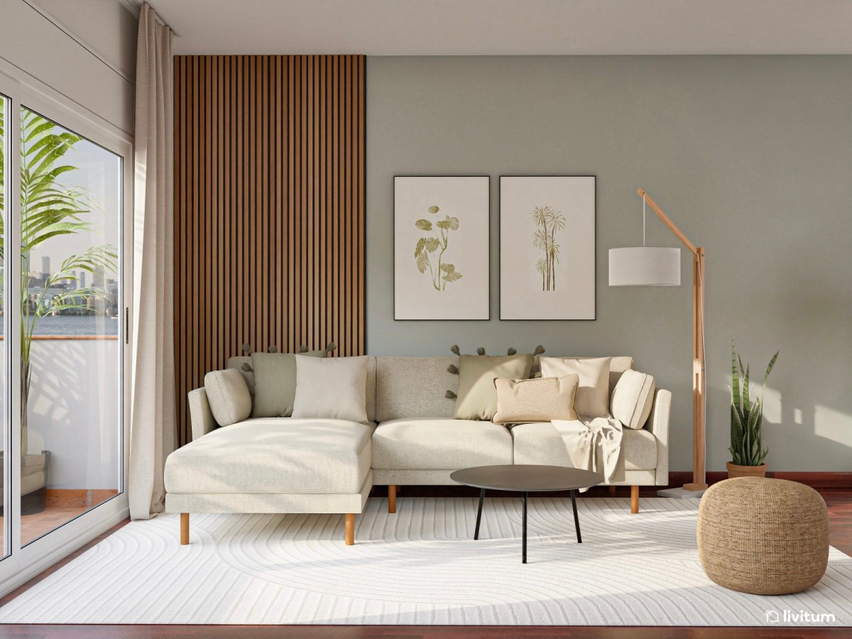 sal&oacute;n en tonos claros y detalles en verde, sof&aacute; en forma de 