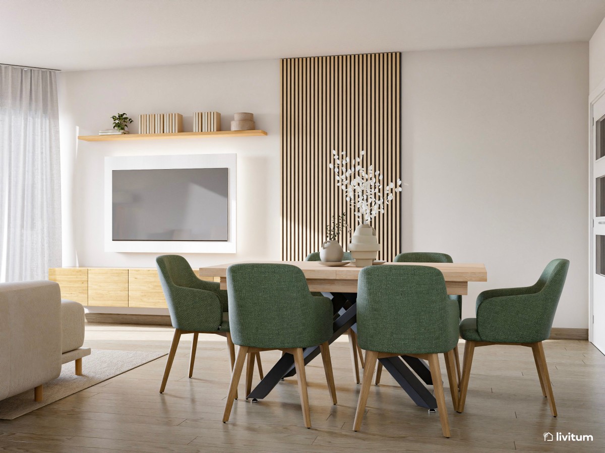 sal&oacute;n comedor con sillas verdes  