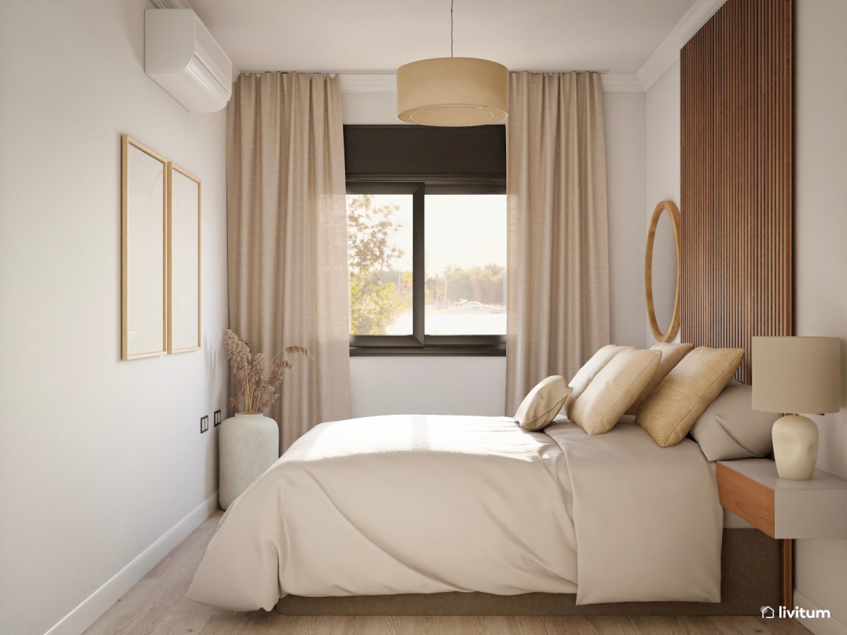 dormitorio en tonos neutros, listones de madera y cama de matrimonio