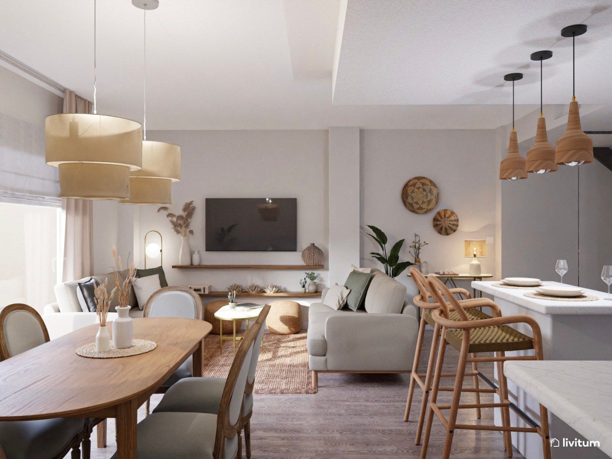 sal&oacute;n comedor con cocina abierta, sof&aacute;s y mesa de comedor de madera