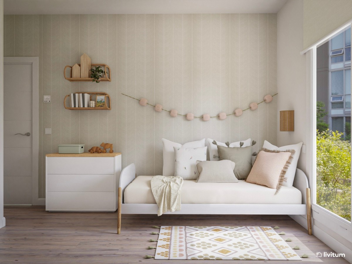 dormitorio infantil con cama, c&oacute;moda y alfombra 