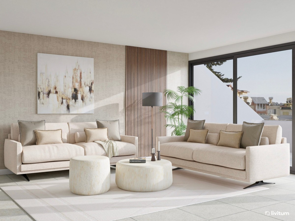 sal&oacute;n en tonos claros, listones de madera y sof&aacute;s en forma de L