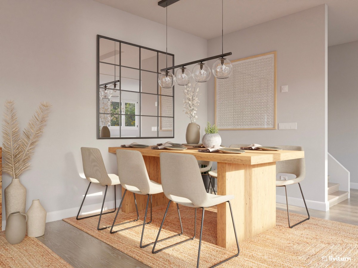 comedor con mesa de madera y 6 sillas de color claro