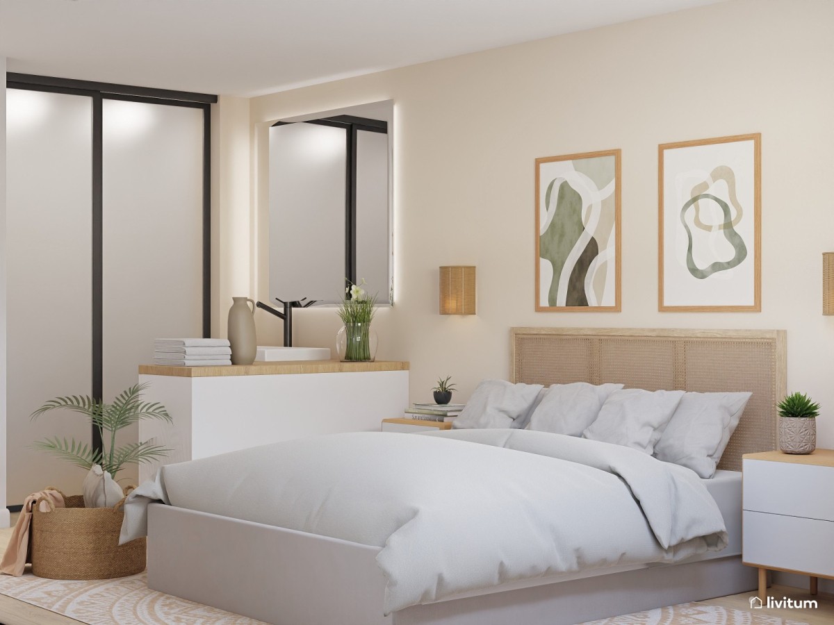 Dormitorio en tono claros y cama doble