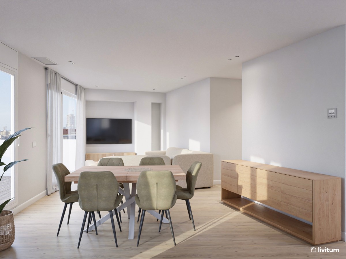 salón comedor vacío con detalles en verde