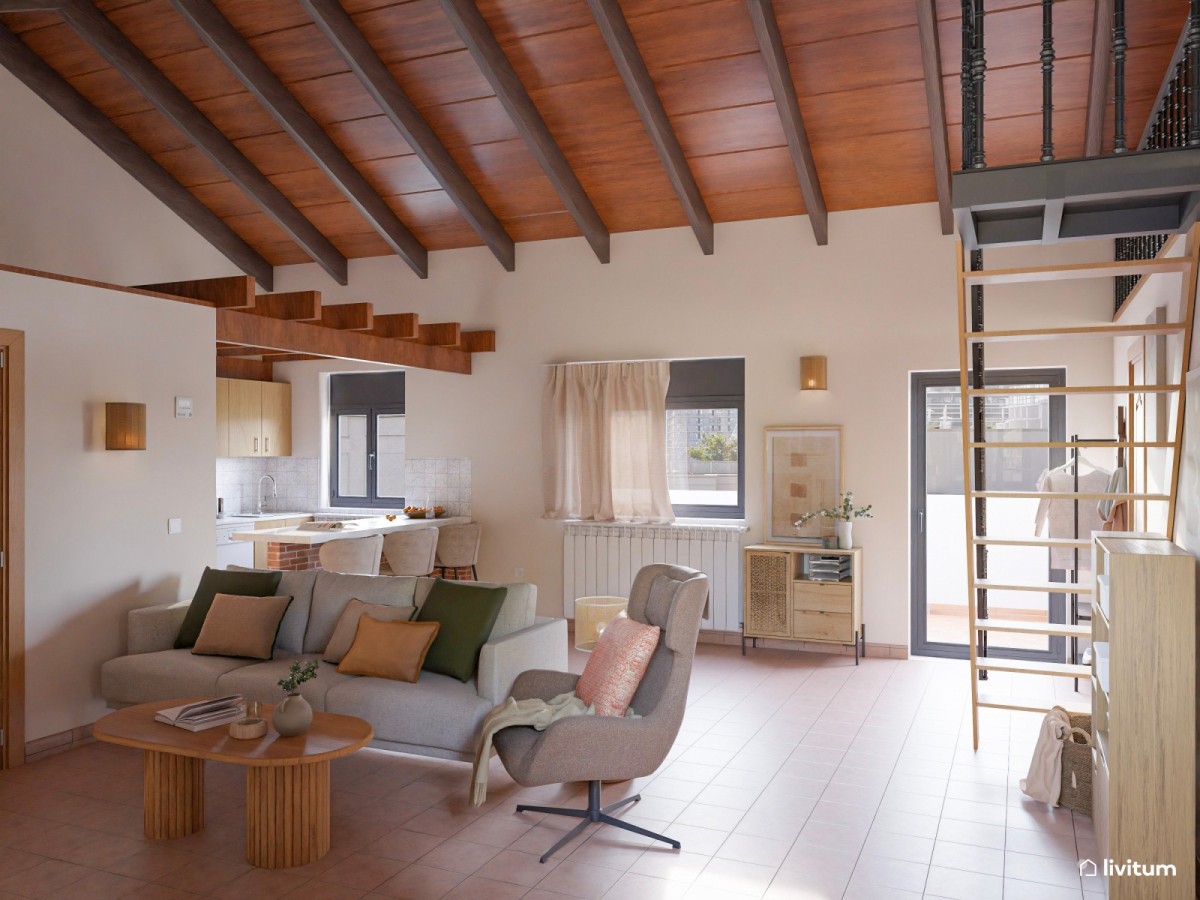 sal&oacute;n con cocina integrada, sof&aacute;, sill&oacute;n y mesa de centro de madera