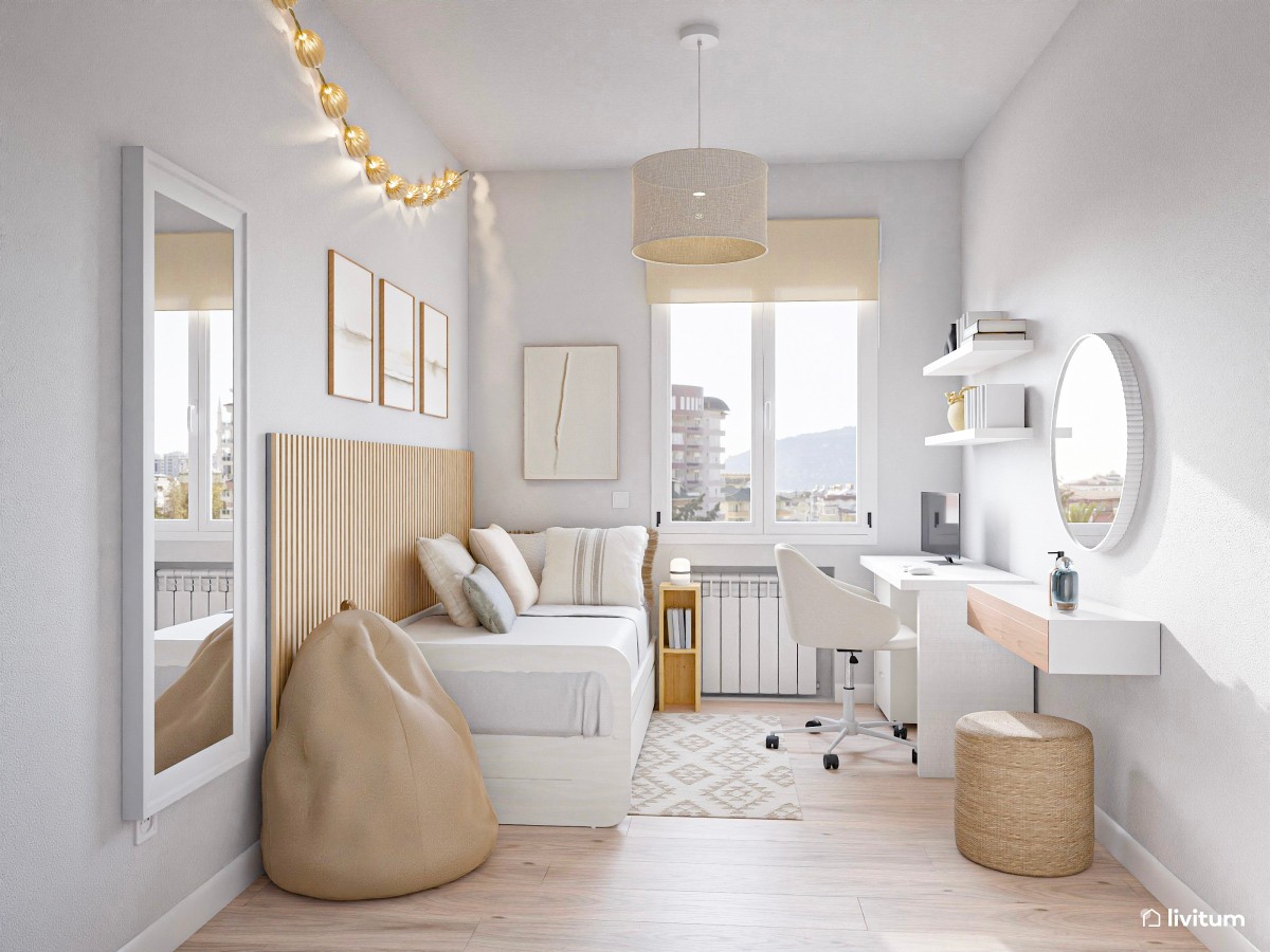 Habitaci&oacute;n juvenil peque&ntilde;a con escritorio en blanco y madera y tocador 