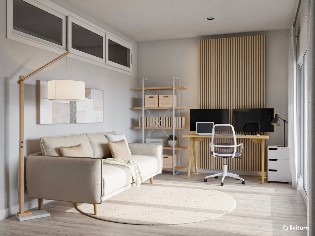 estudio en tonos neutros escritorio de madera y zona de descanso con sof&aacute; y l&aacute;mpara vertical