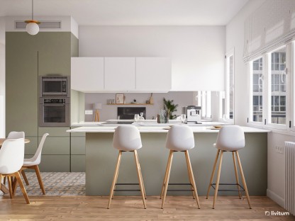 Un maravilloso salón comedor con cocina abierta verde, diseñado por Lucía Fiat 