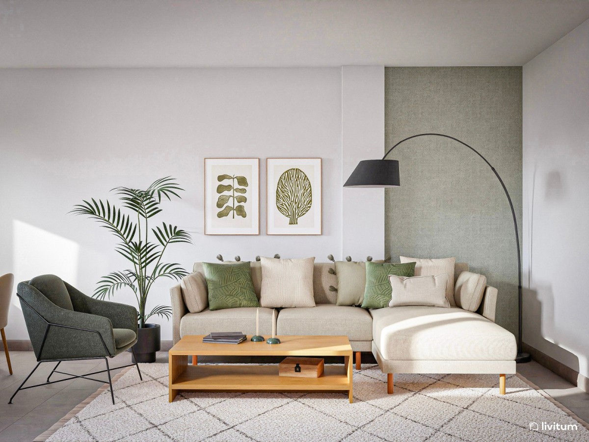 sal&oacute;n en tonos claros y detalles verdes, sof&aacute; en L y planta vertical