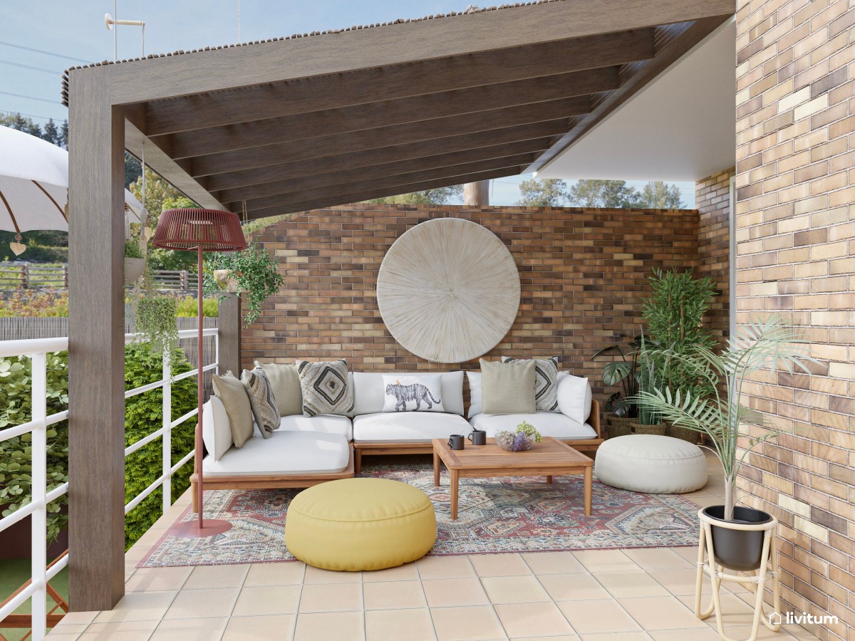 terraza con zona de descanso, sofás y mesa de centro