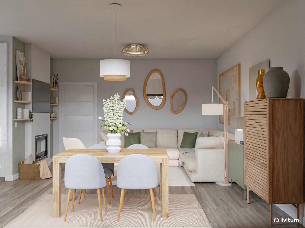 sal&oacute;n comedor con detalles madera, sof&aacute; en L y mesa de comedor rectangular