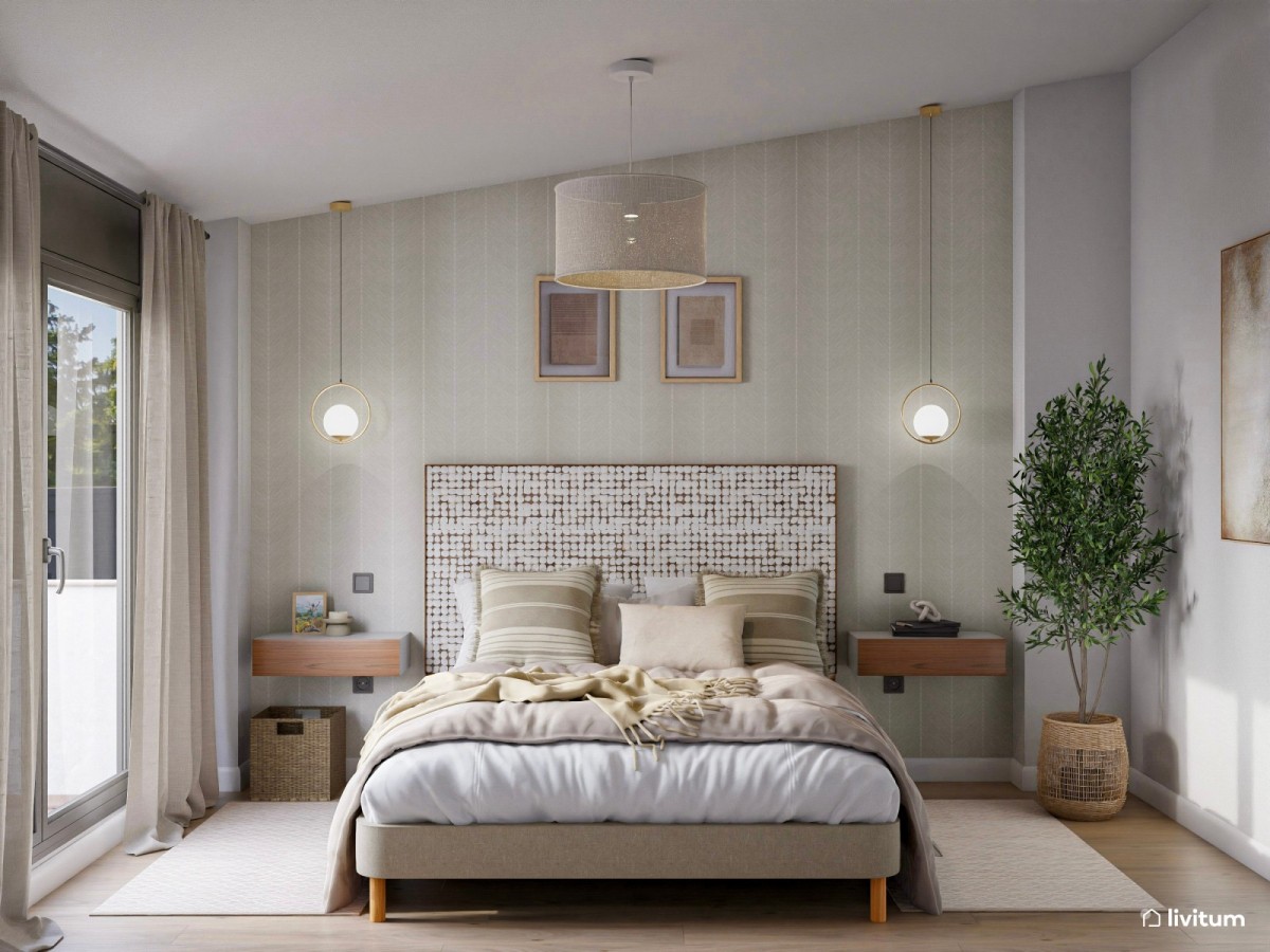 dormitorio en tonos grises, con cama de matrimonio y mesas de noche