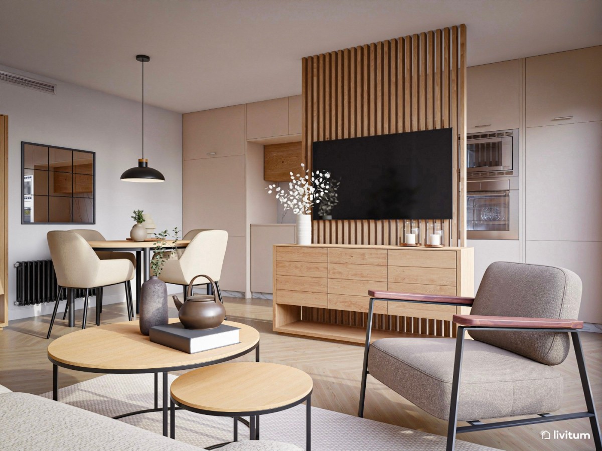 sal&oacute;n comedor en tonos madera, mesa de comedor circular y mesa de centro