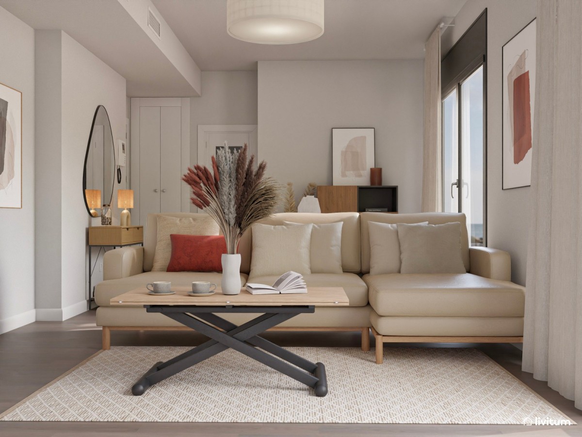 Sal&oacute;n comedor en tonos tierra con detalles en negro, sofa en forma de 