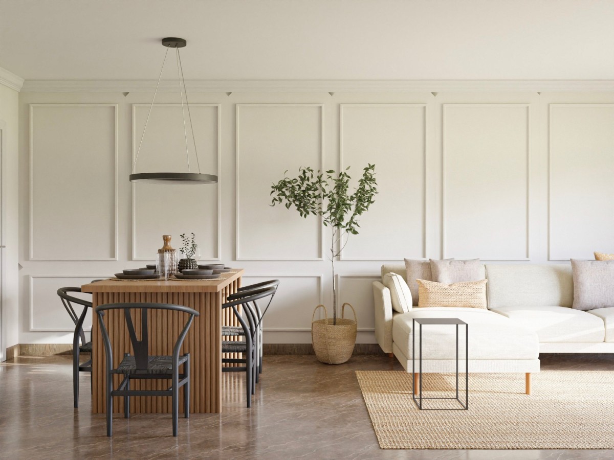 sal&oacute;n comedor en tonos claros, molduras, sof&aacute; y mesa de comedor de madera