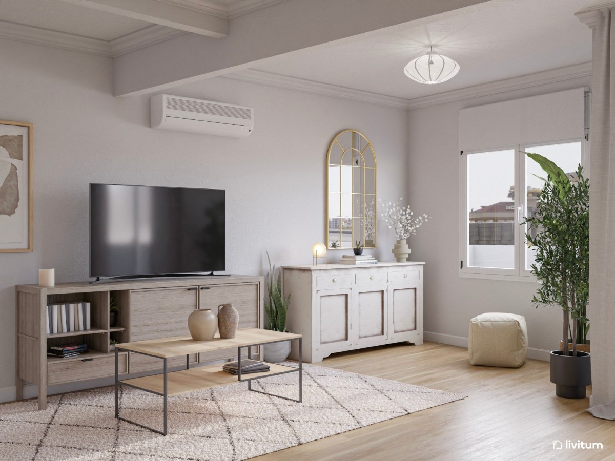sal&oacute;n en tonos claros con mesa de madera de centro