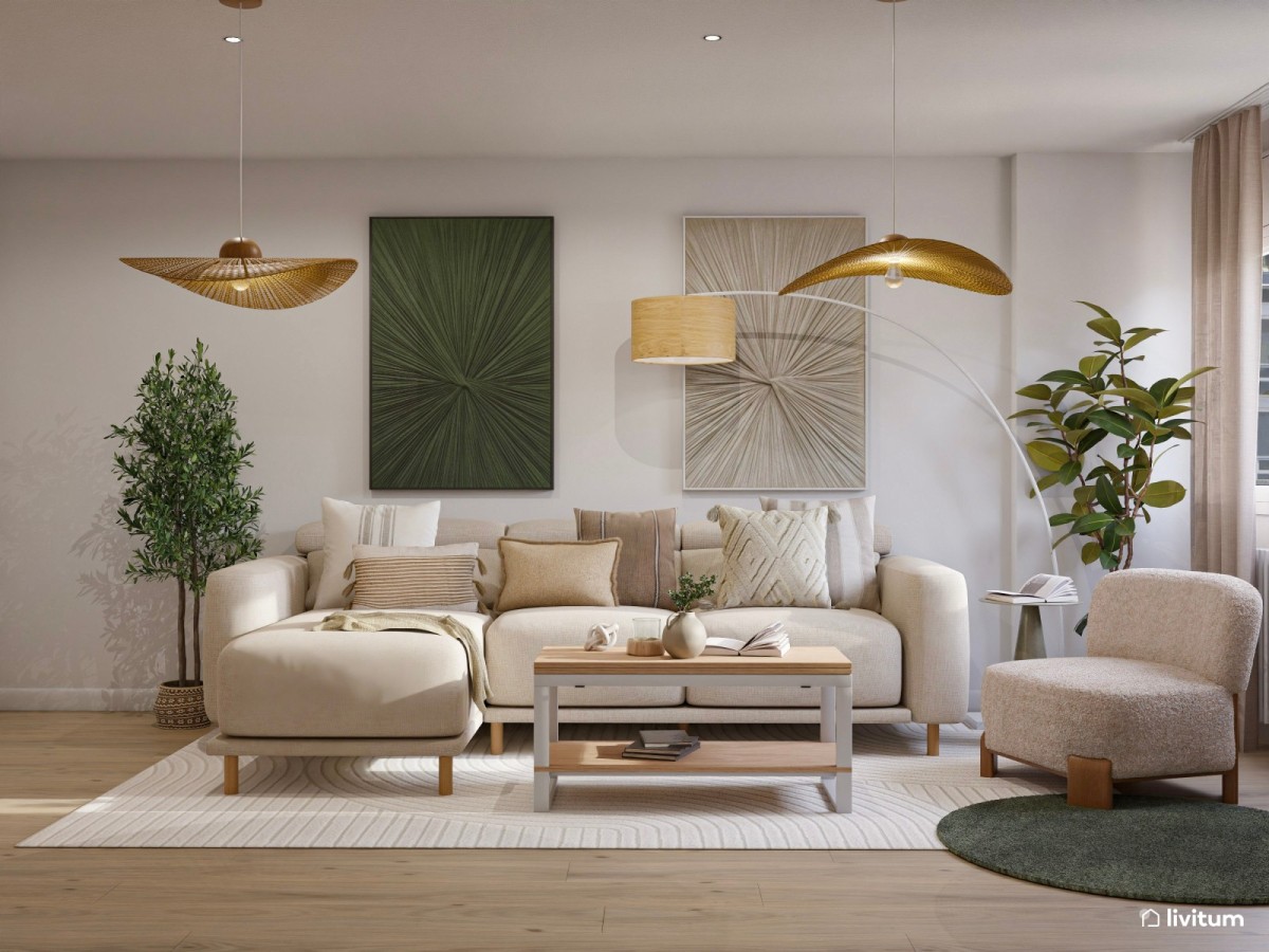 Sal&oacute;n con detalles en verde y fibras naturales, sof&aacute; en forma de 