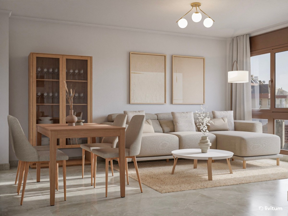 sal&oacute;n comedor en tonos neutros, sof&aacute; y mesa de comedor cuadrada