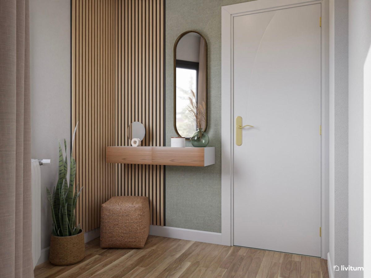 Recibidor en tonos claros y detalles madera, con mueble de entrada y planta decorativa