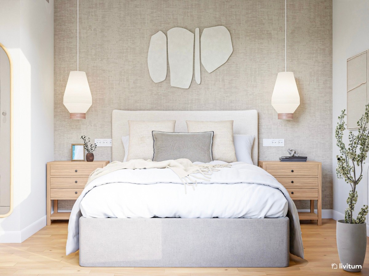 dormitorio en tonos claros, cama de matrimonio y mesas de noche de madera