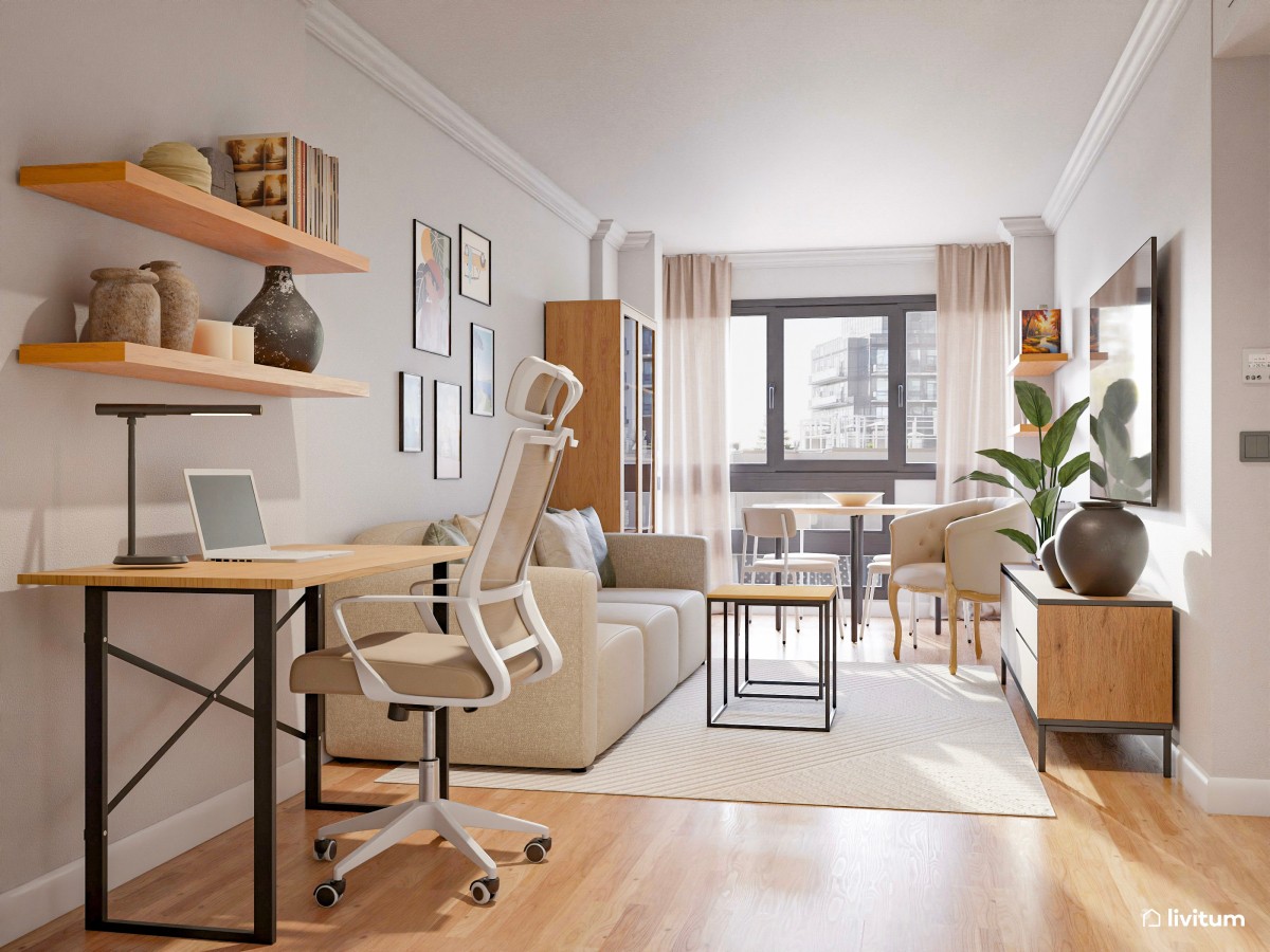 Sal&oacute;n con espacio de estudio en tonos madera, sof&aacute; y mesa cuadrada de centro 