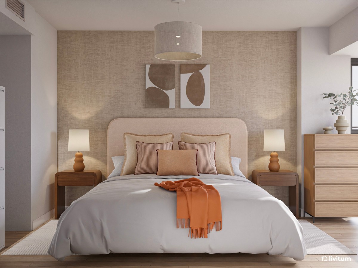 dormitorio de matrimonio en tonos grises, cama de matrimonio y mesas de noche