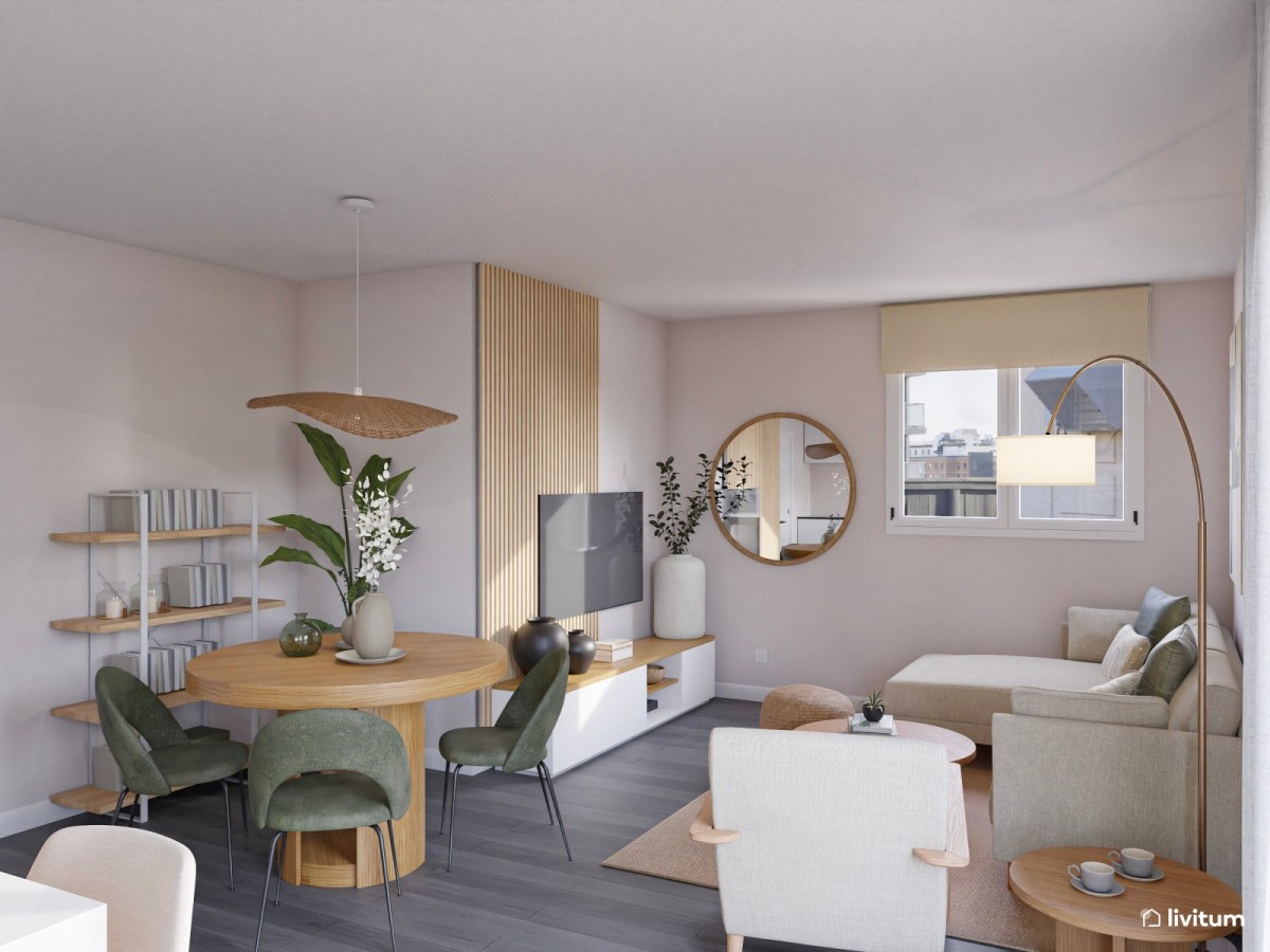 sal&oacute;n comedor en tonos madera, sof&aacute; en L y mesa de comedor circular