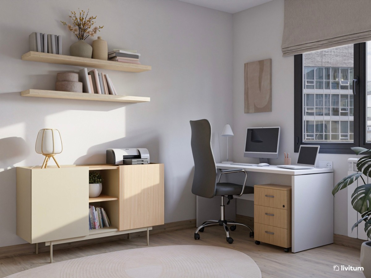 estudio en tonos neutros, escritorio con cajonera y mueble de almacenamiento