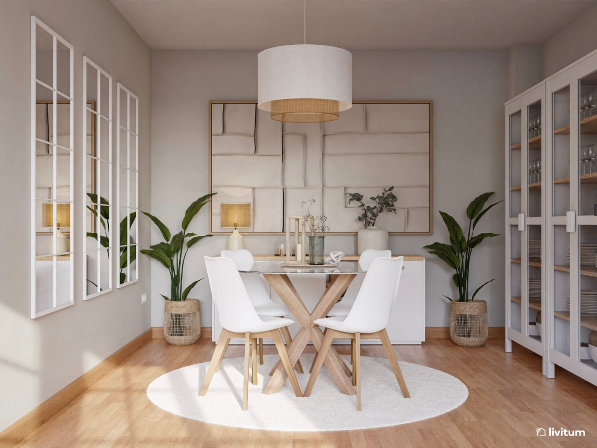 comedor en tonos claros, mesa de comedor de cristal y sillas blancas