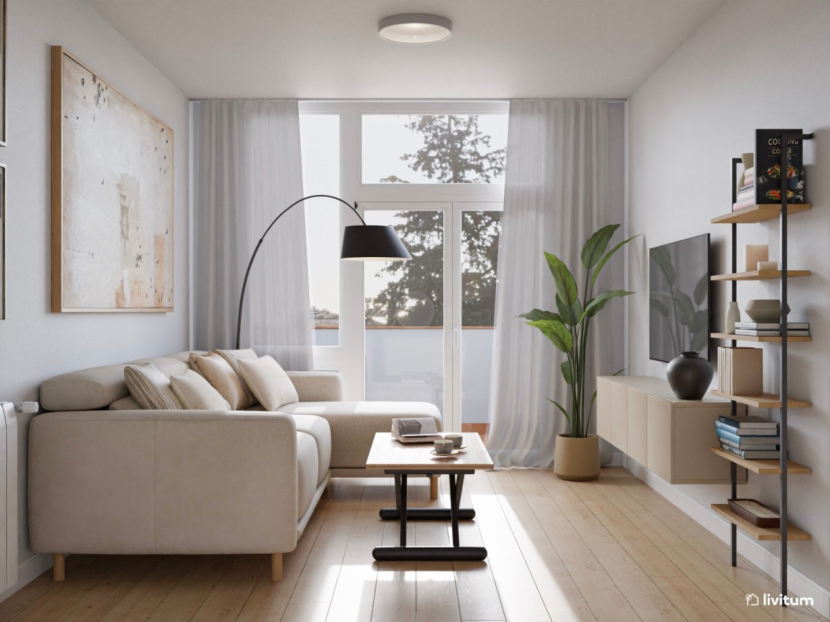 sal&oacute;n en tonos neutros, sof&aacute; en L y mesa de centro