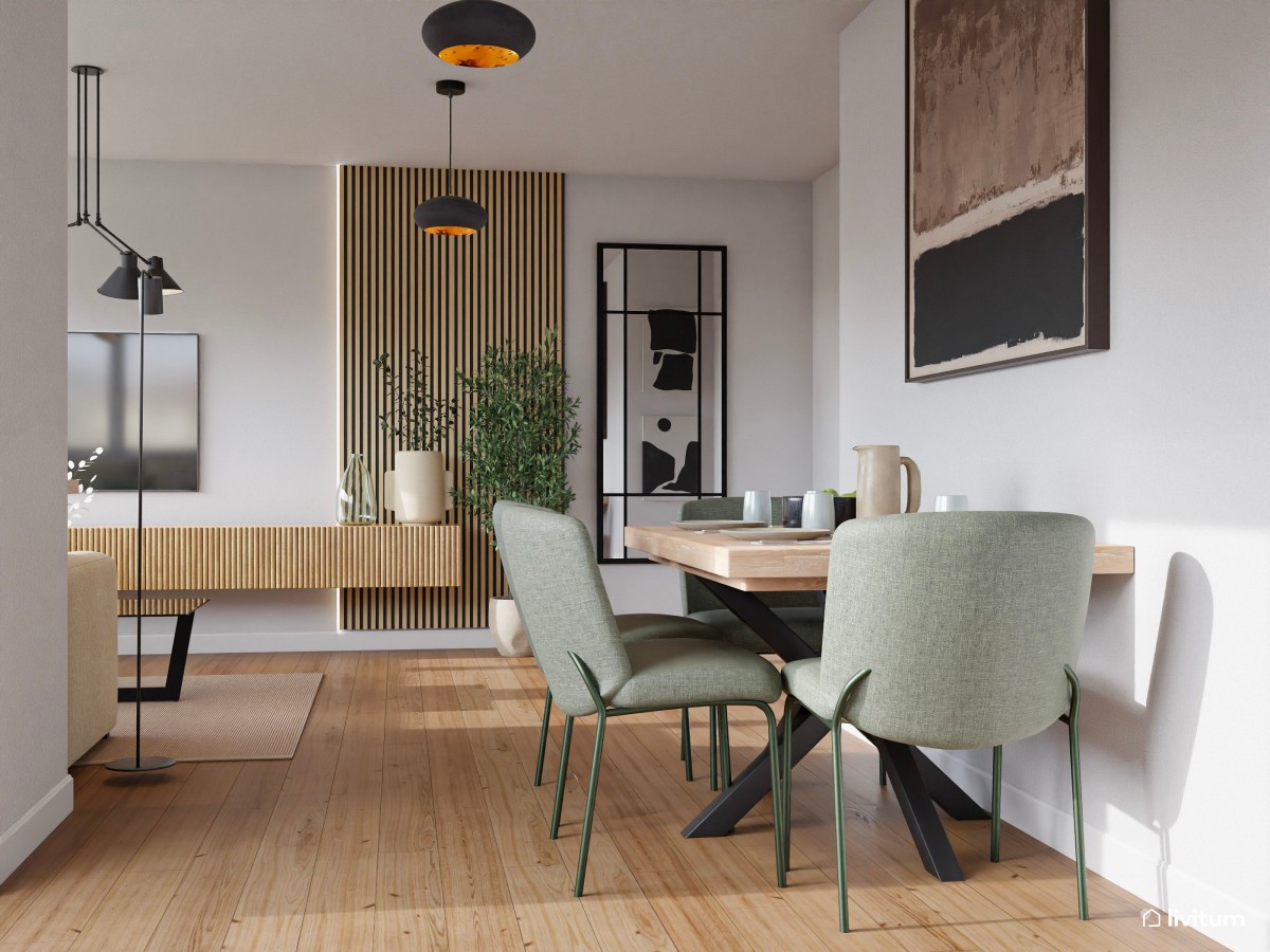 sal&oacute;n comedor con madera , marr&oacute;n y color verde 