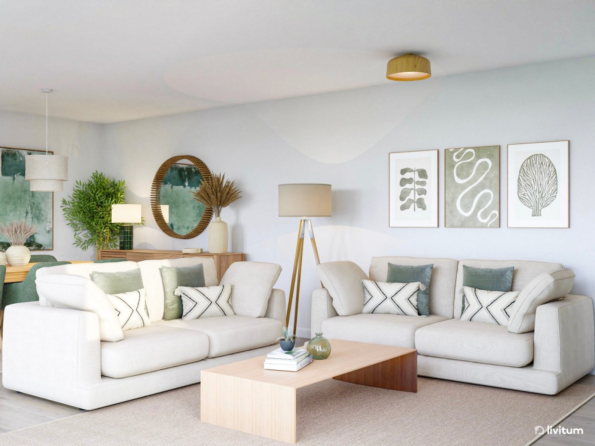 sal&oacute;n con detalles verdes, sof&aacute;s en L y mesa de centro de madera